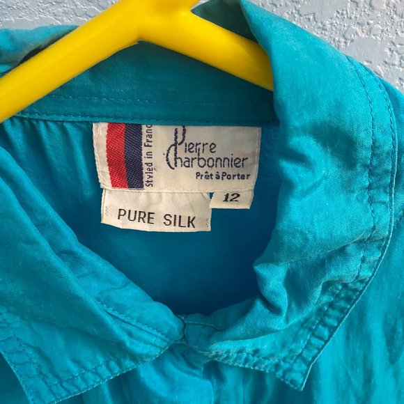 Pure Silk Turquoise Button Down Size 12 - Pierre Charbonnier - Picture 3 of 3